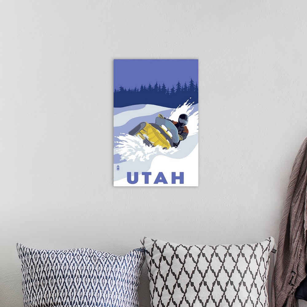 A bohemian room featuring Snowmobile Scene - Utah: Retro Travel Poster