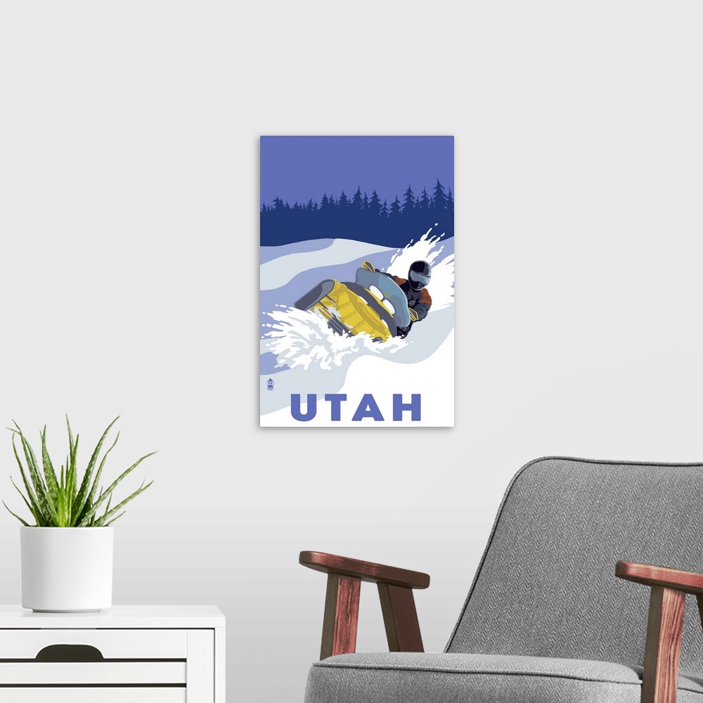 A modern room featuring Snowmobile Scene - Utah: Retro Travel Poster