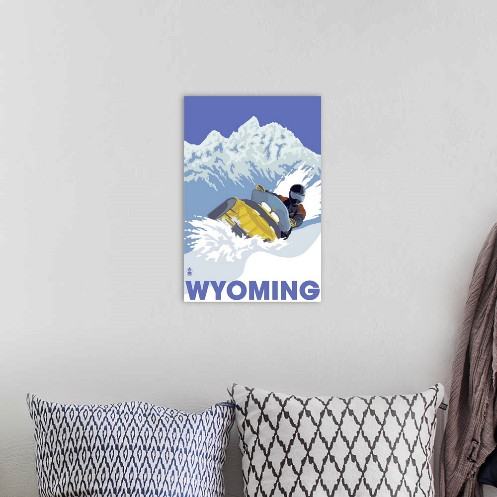 A bohemian room featuring Snowmobile Scene - Wyoming: Retro Travel Poster