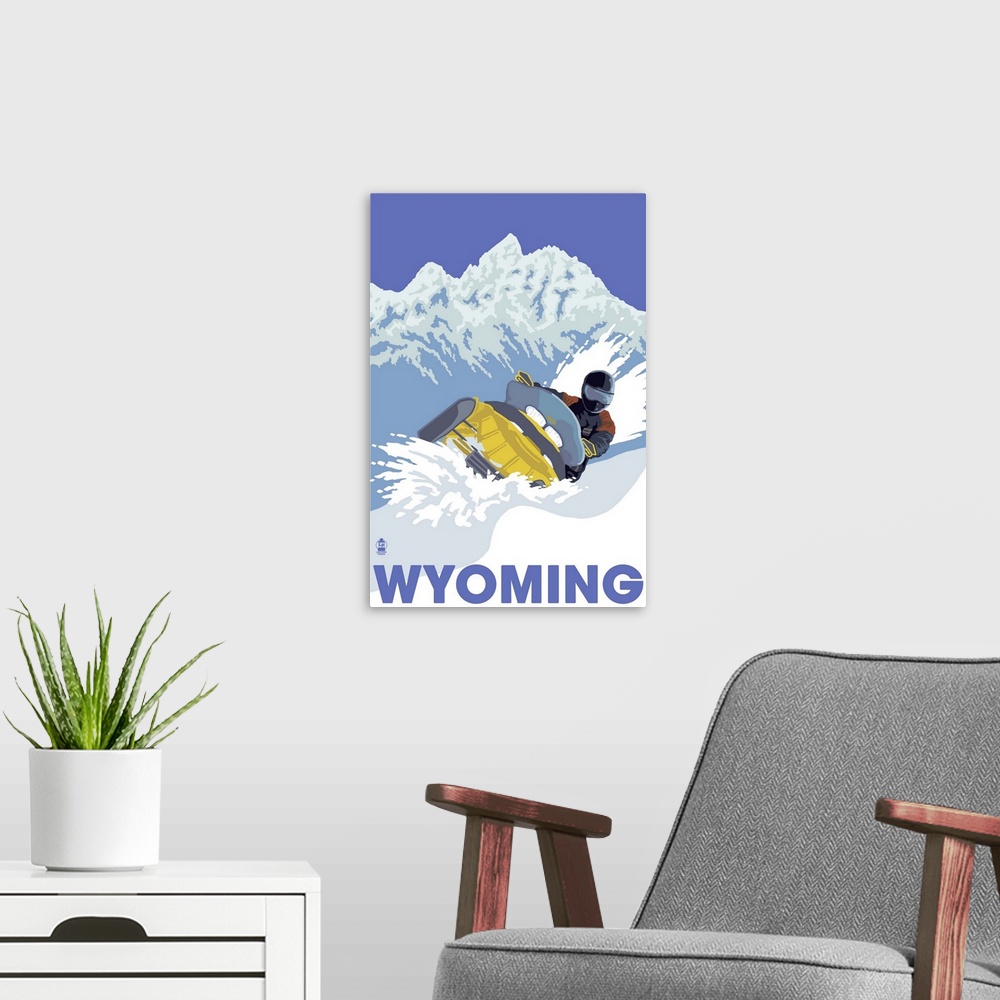 A modern room featuring Snowmobile Scene - Wyoming: Retro Travel Poster