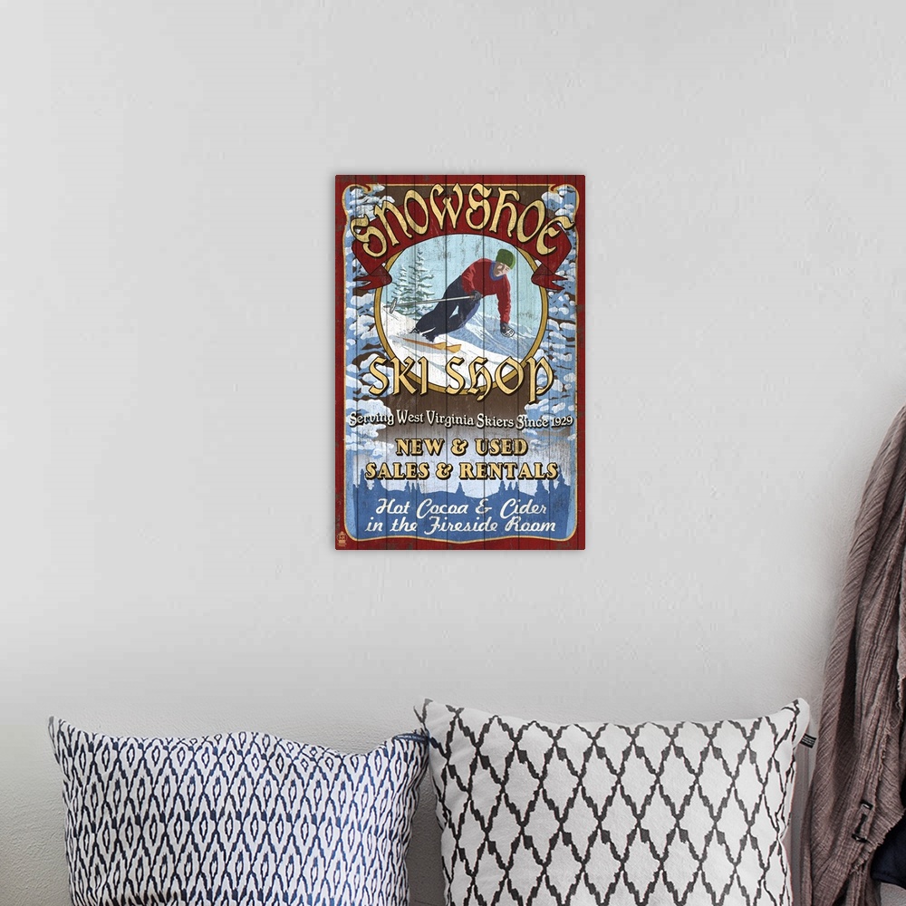 A bohemian room featuring Snowshoe, West Virginia - Ski Shop Vintage Sign: Retro Travel Poster