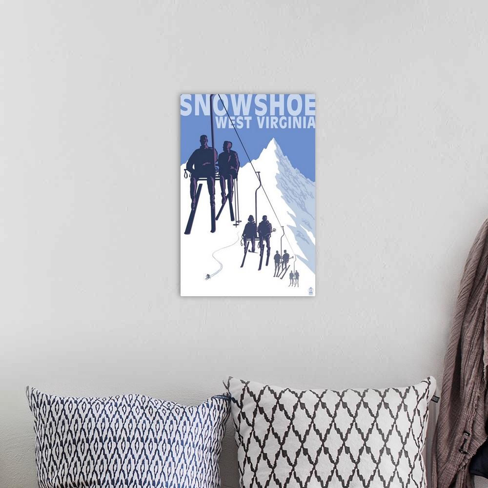 A bohemian room featuring Snowshoe, West Virginia - Skiers on Lift: Retro Travel Poster