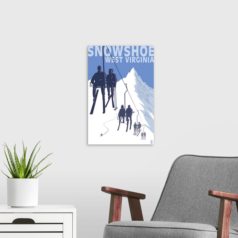 A modern room featuring Snowshoe, West Virginia - Skiers on Lift: Retro Travel Poster
