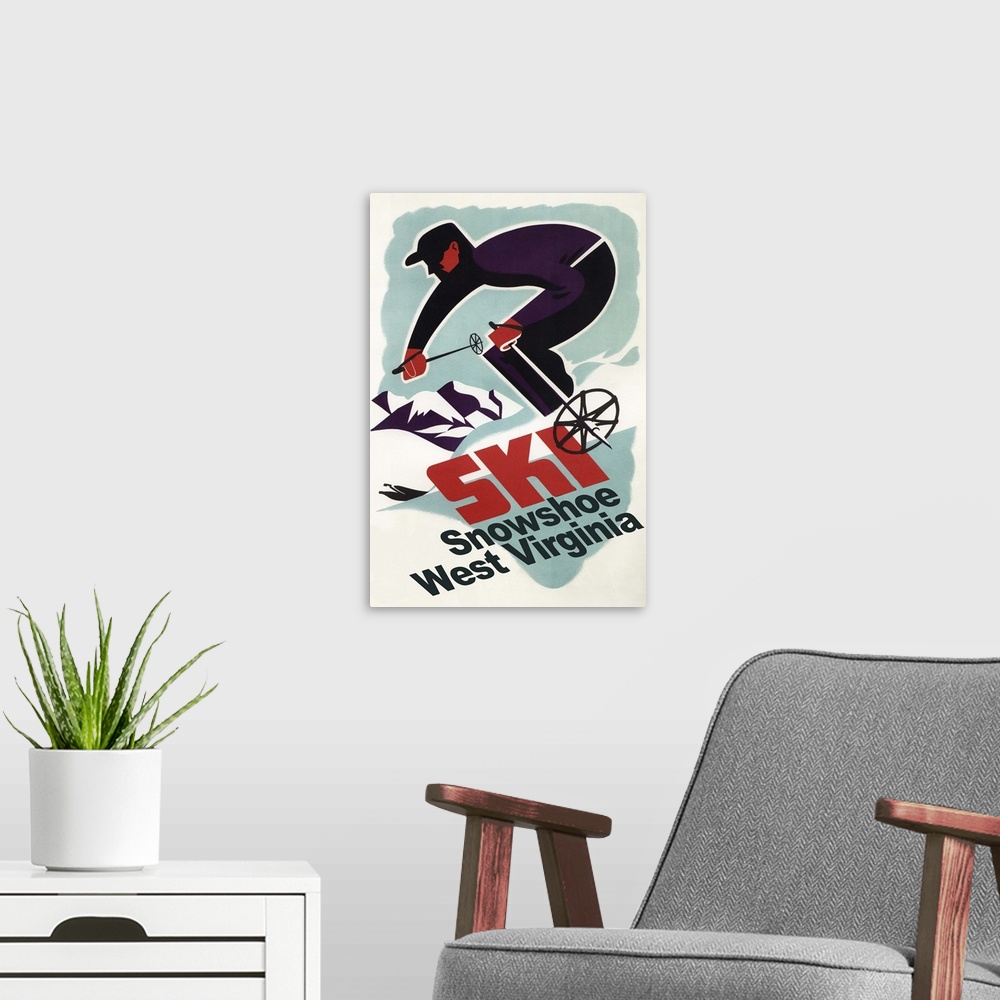 A modern room featuring Snowshoe, West Virginia - Vintage Skier: Retro Travel Poster
