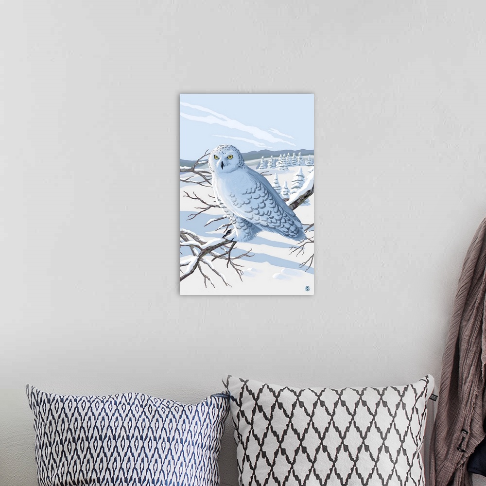 A bohemian room featuring Retro stylized art poster of a snowy owl perched on a branch.