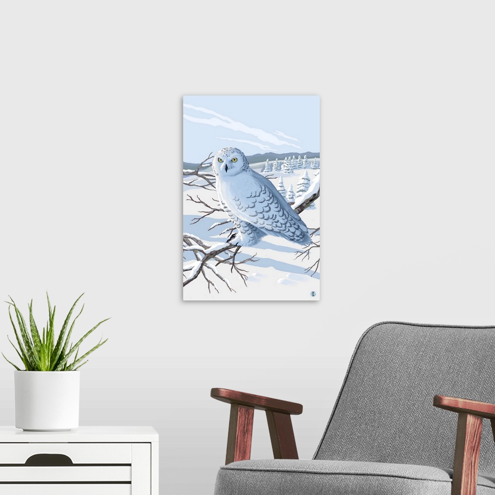 A modern room featuring Retro stylized art poster of a snowy owl perched on a branch.