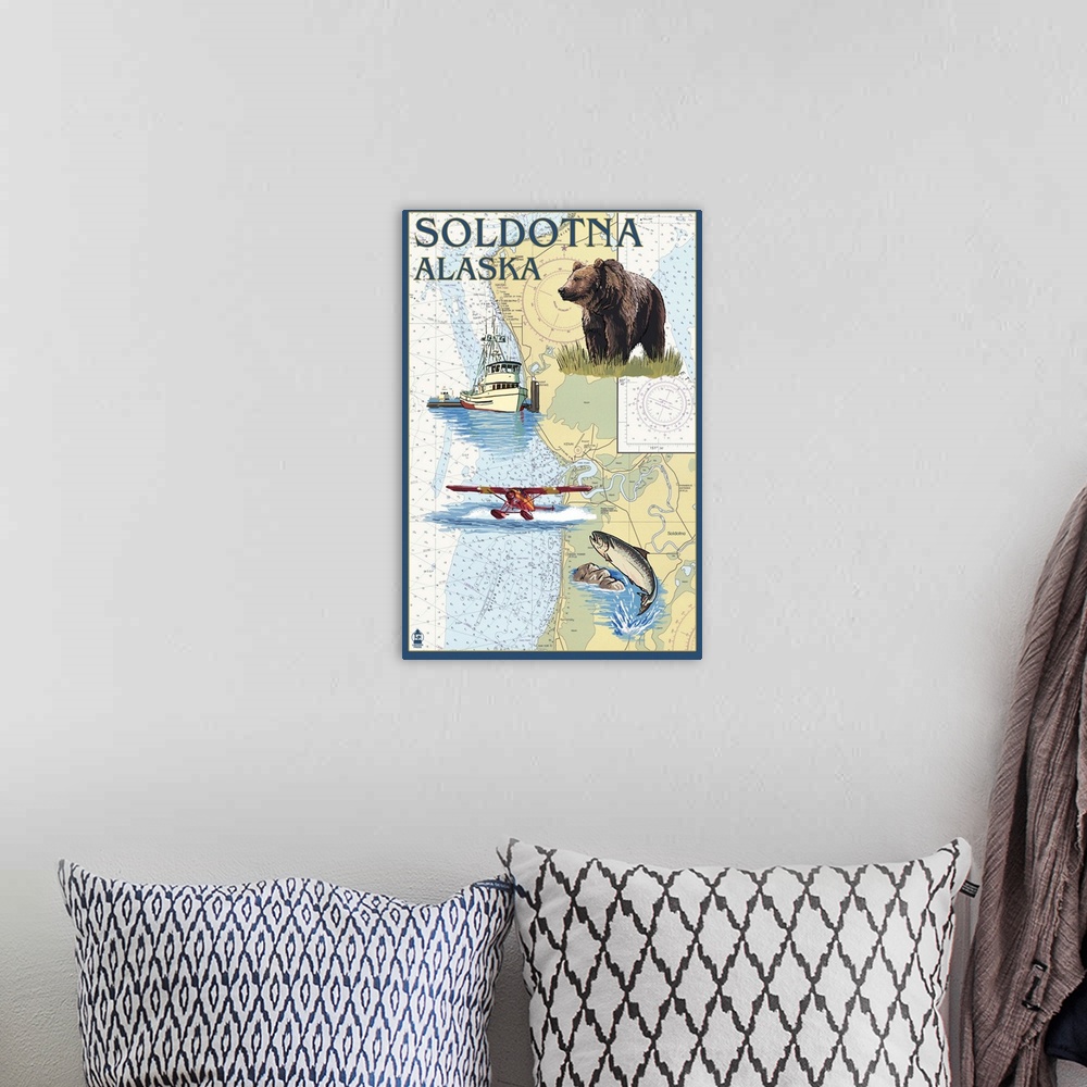 A bohemian room featuring Soldotna, Alaska - Nautical Chart: Retro Travel Poster