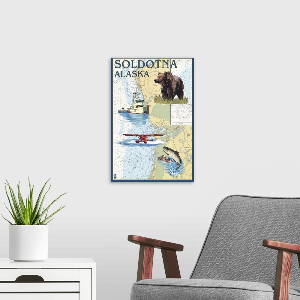 A modern room featuring Soldotna, Alaska - Nautical Chart: Retro Travel Poster