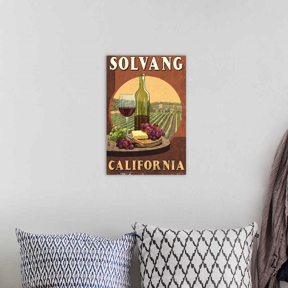 A bohemian room featuring Solvang, California - Wine Vintage Sign: Retro Travel Poster