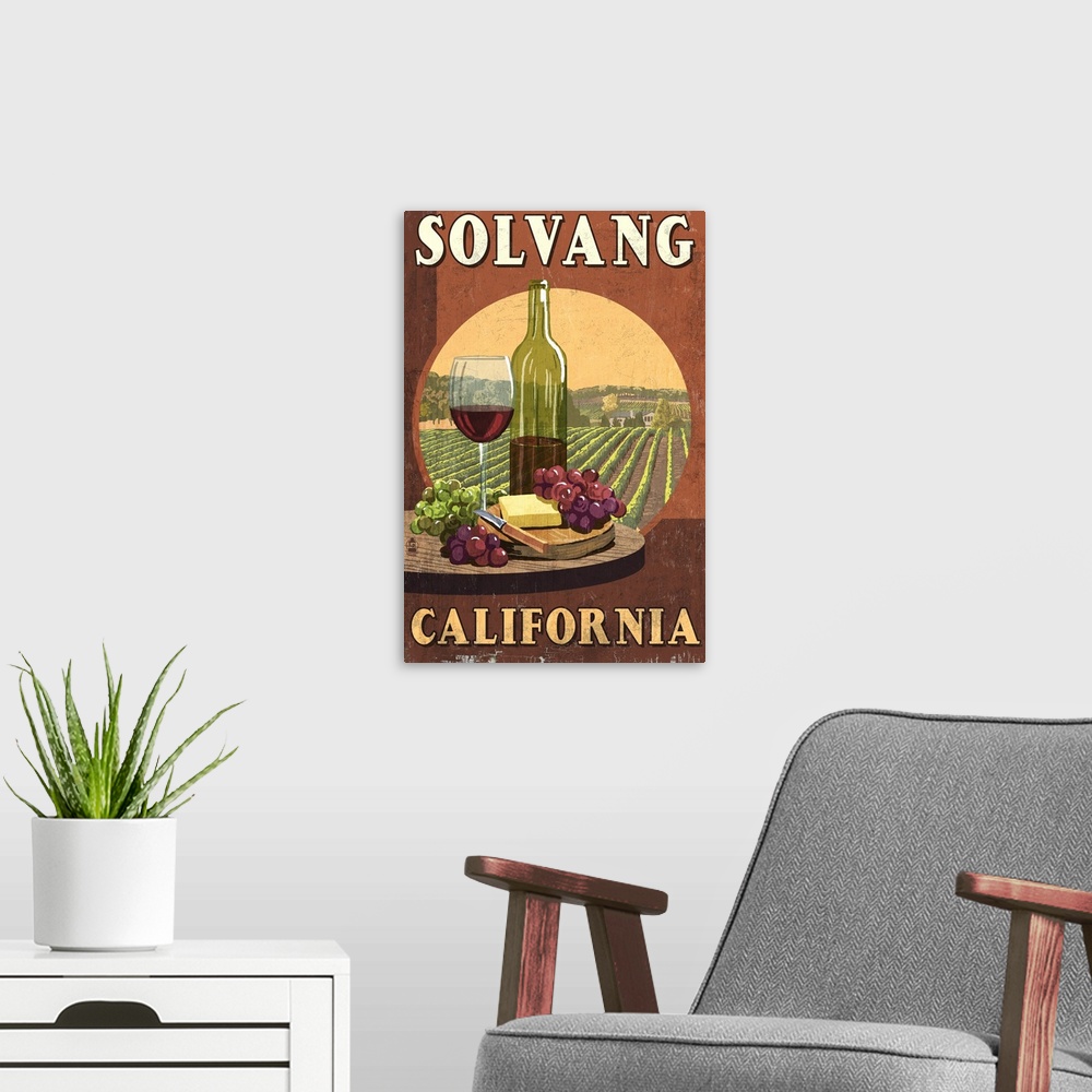 A modern room featuring Solvang, California - Wine Vintage Sign: Retro Travel Poster