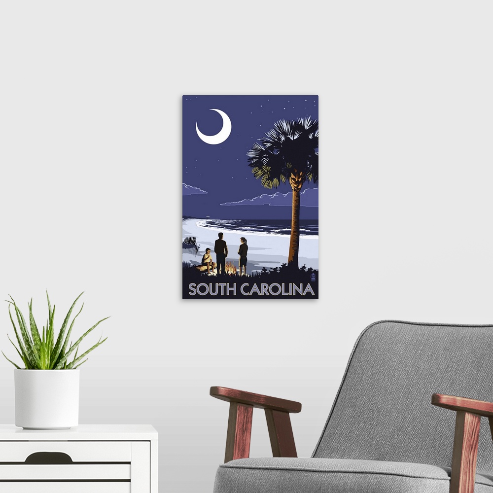 A modern room featuring South Carolina Palmetto Moon: Retro Travel Poster