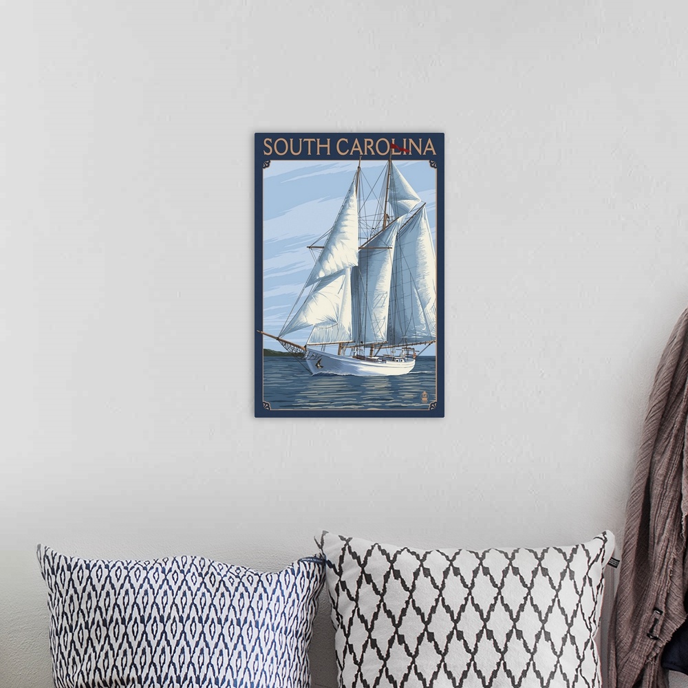A bohemian room featuring South Carolina Sailboat: Retro Travel Poster
