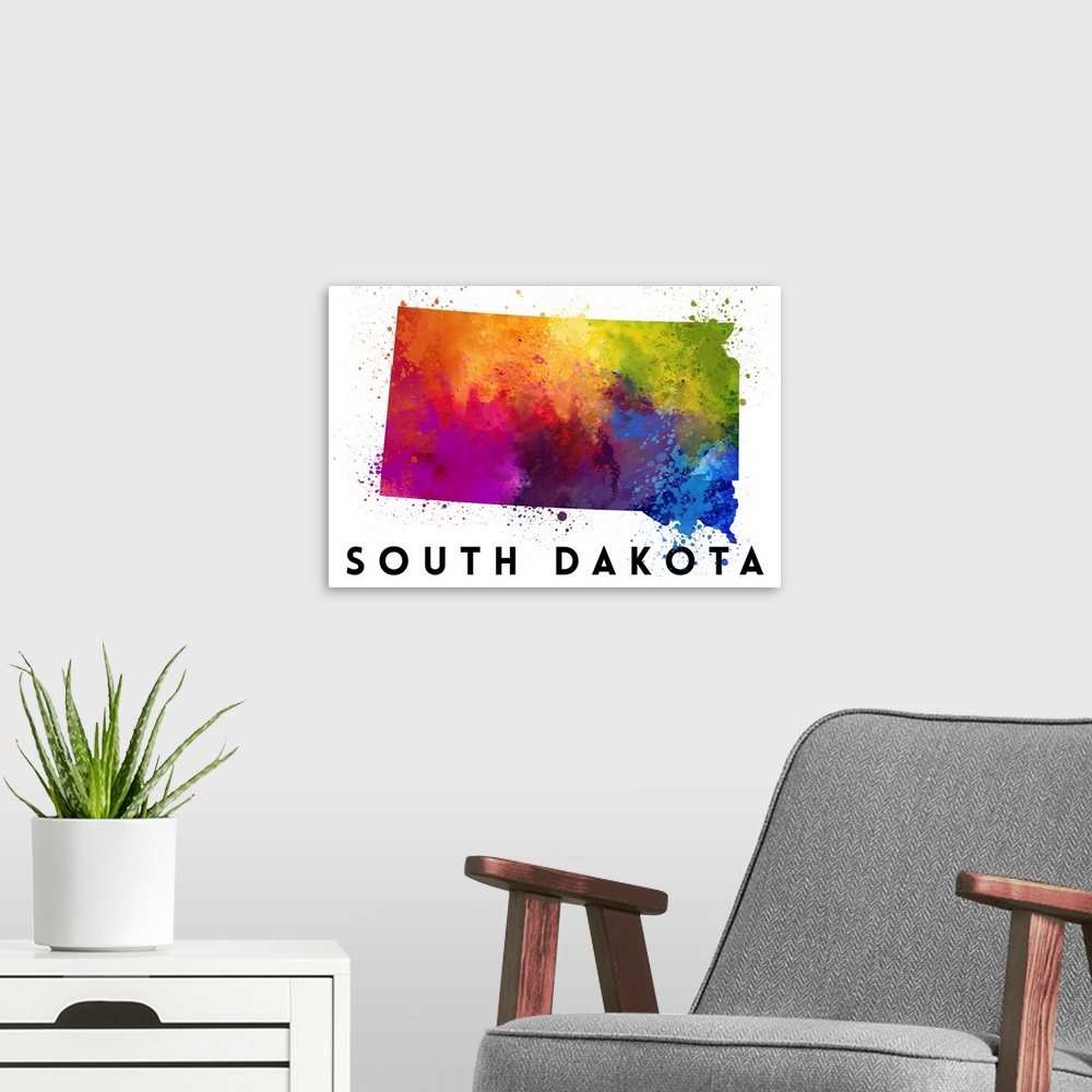 A modern room featuring South Dakota - State Abstract Watercolor