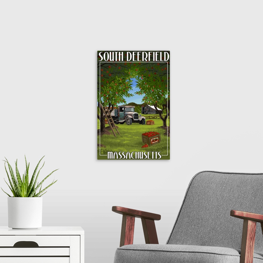 A modern room featuring South Deerfield, Massachusetts - Apple Orchard Harvest: Retro Travel Poster
