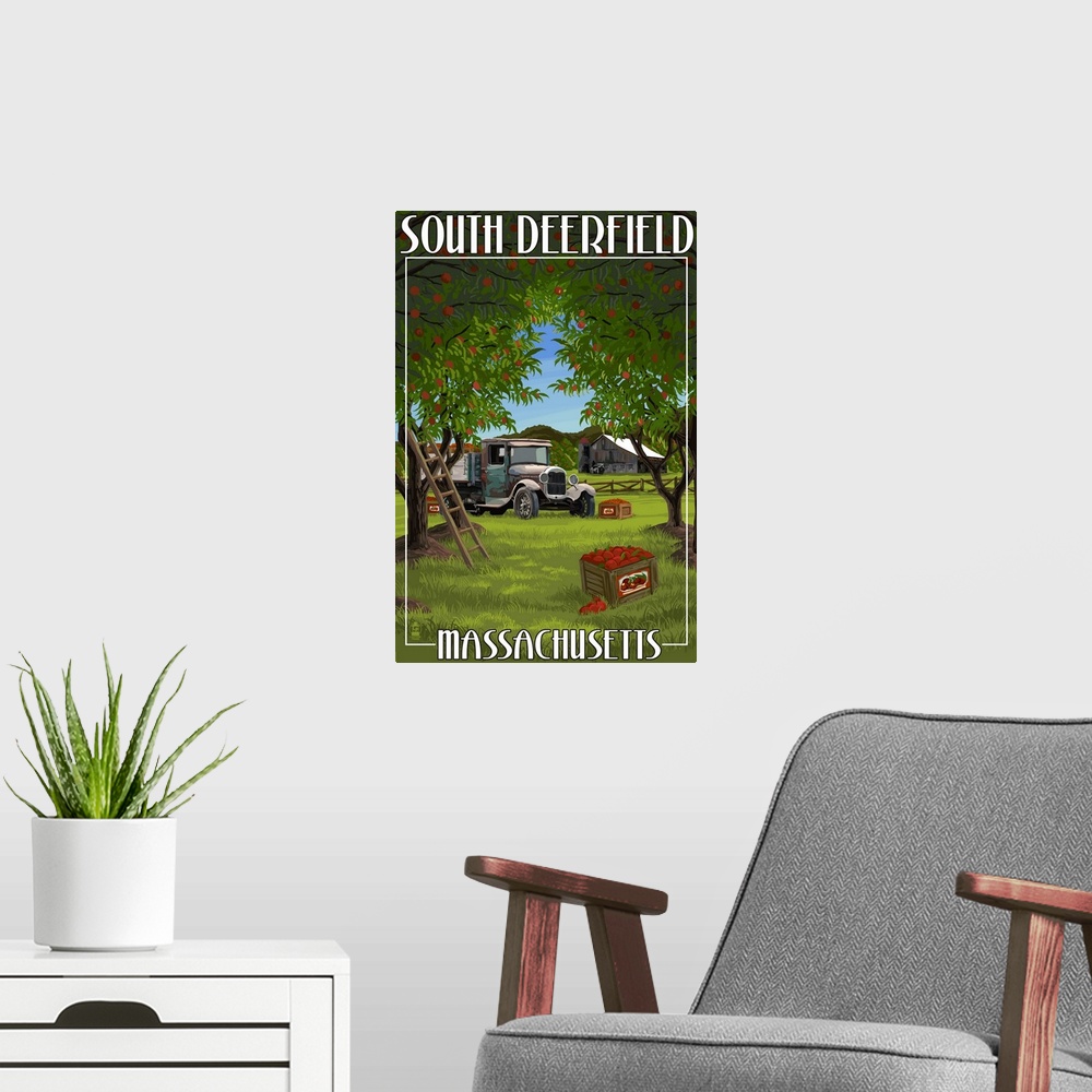 A modern room featuring South Deerfield, Massachusetts - Apple Orchard Harvest: Retro Travel Poster