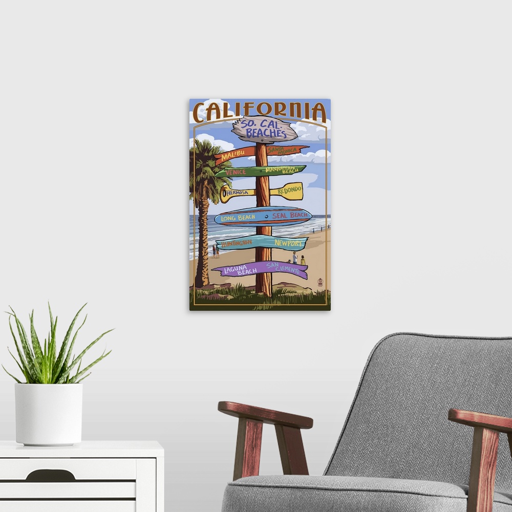 A modern room featuring Southern California Beaches - Destination Sign: Retro Travel Poster