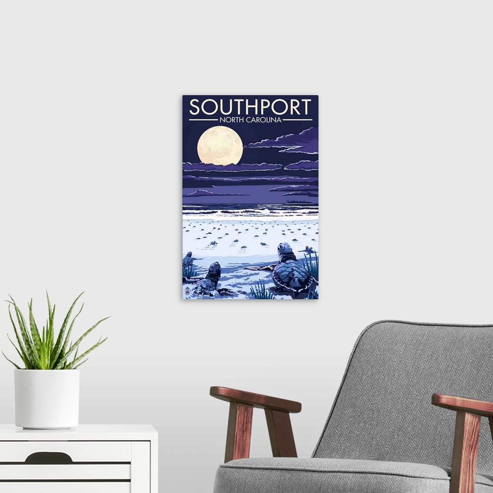 A modern room featuring Southport, North Carolina, Sea Turtles Hatching