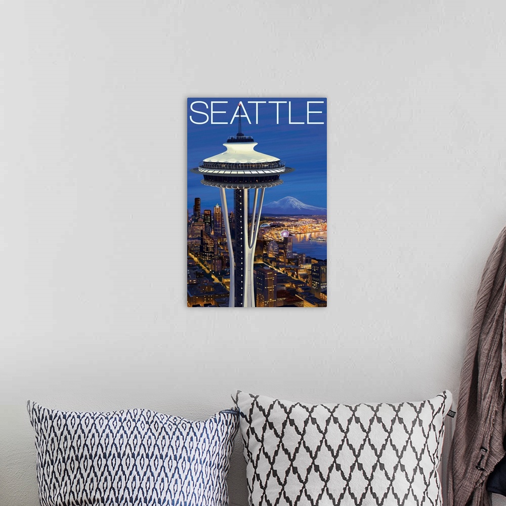 A bohemian room featuring Space Needle Aerial View - Seattle, WA: Retro Travel Poster