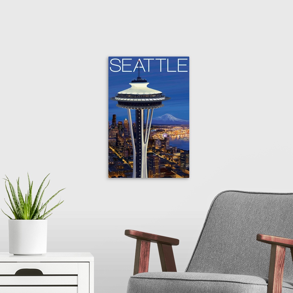 A modern room featuring Space Needle Aerial View - Seattle, WA: Retro Travel Poster