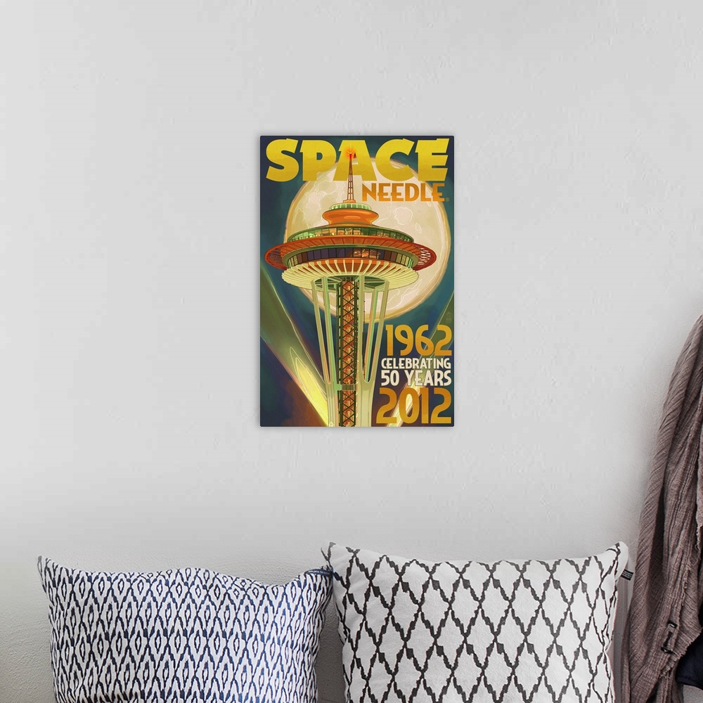 A bohemian room featuring Space Needle and Full Moon - Seattle, WA: Retro Travel Poster