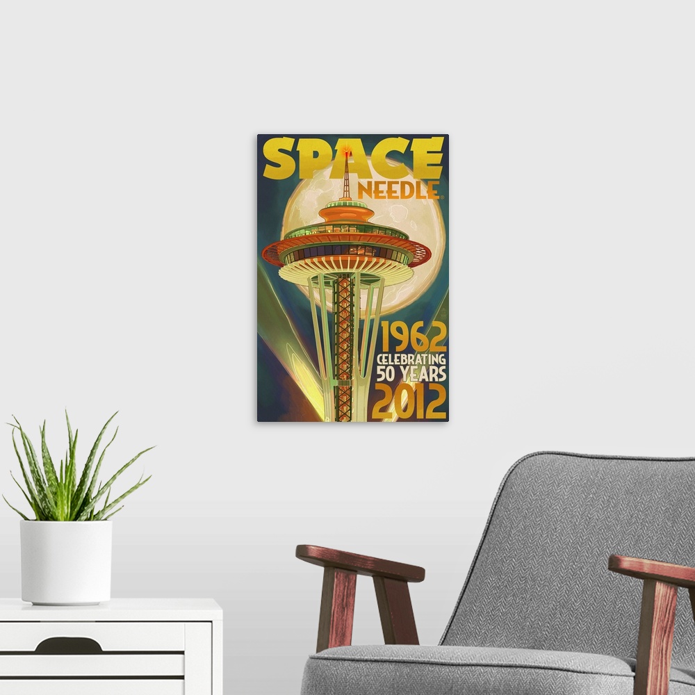 A modern room featuring Space Needle and Full Moon - Seattle, WA: Retro Travel Poster