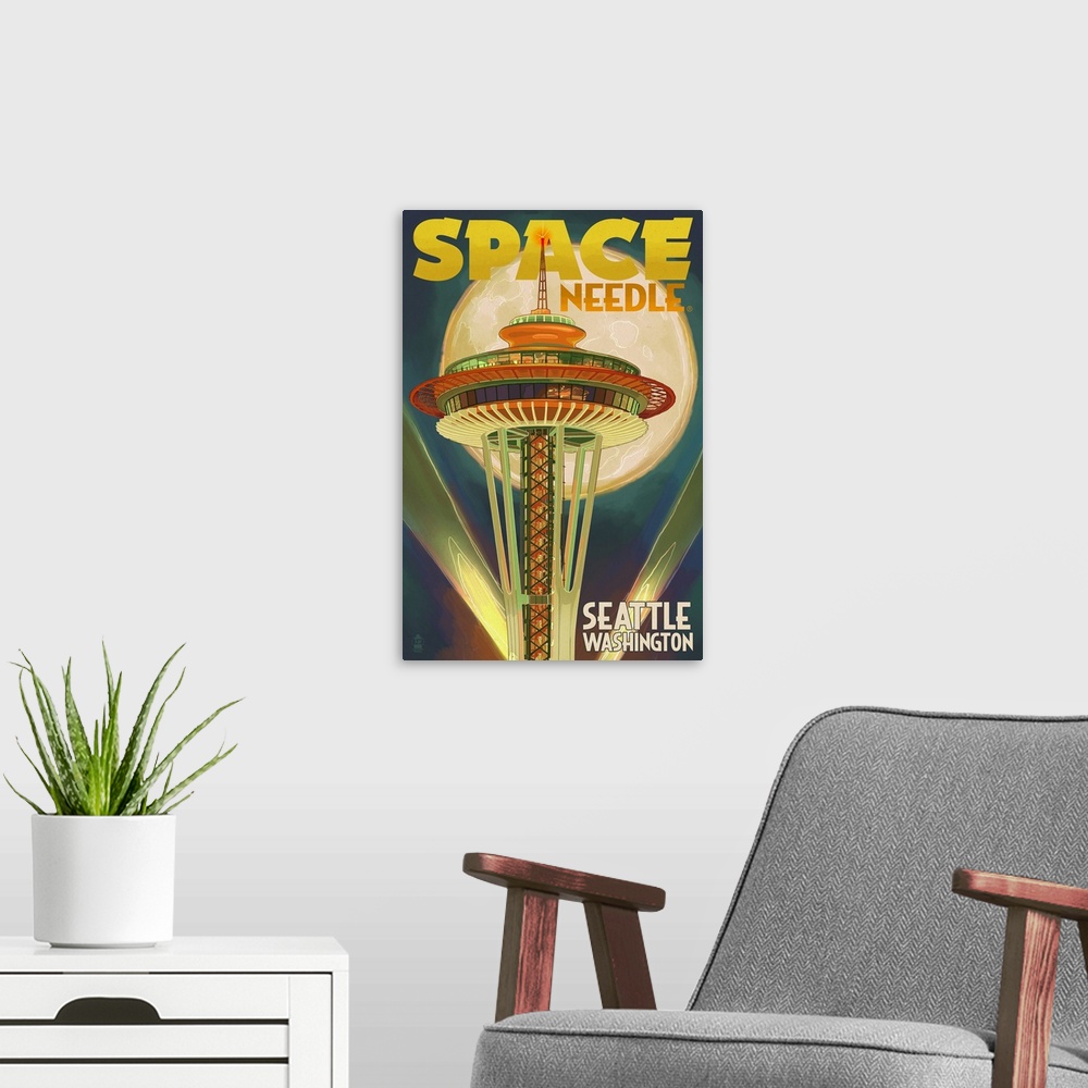 A modern room featuring Space Needle and Full Moon - Seattle, WA: Retro Travel Poster