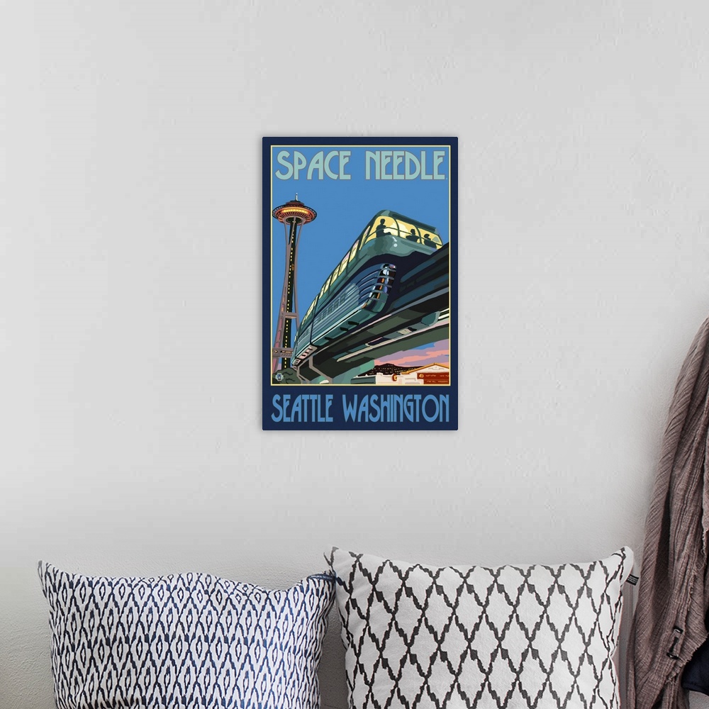 A bohemian room featuring Space Needle and Monorail - Seattle: Retro Travel Poster