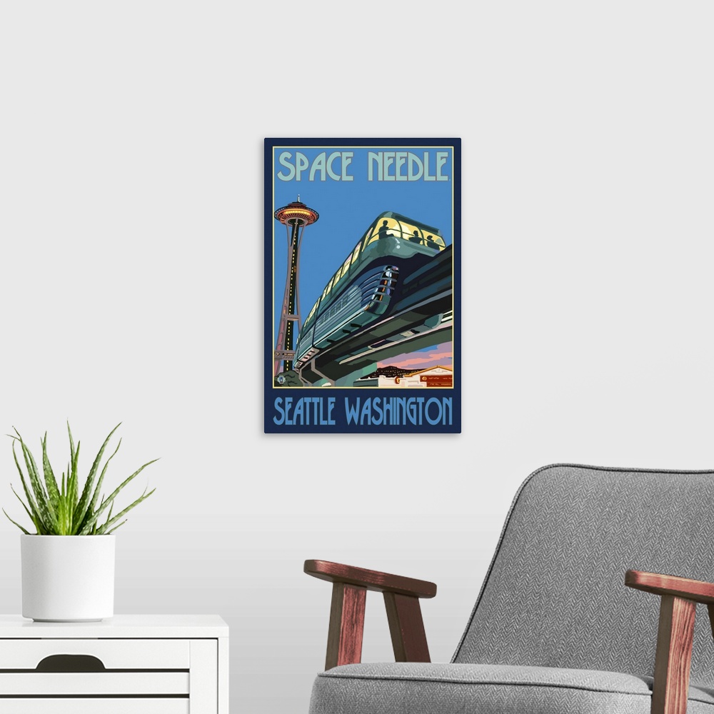 A modern room featuring Space Needle and Monorail - Seattle: Retro Travel Poster