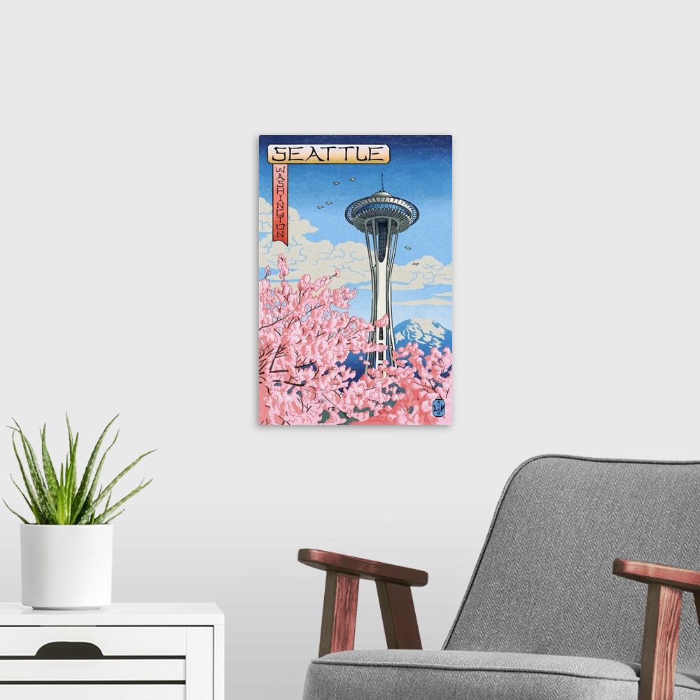 A modern room featuring Space Needle, Cherry Blossoms Woodblock, Seattle, Washington