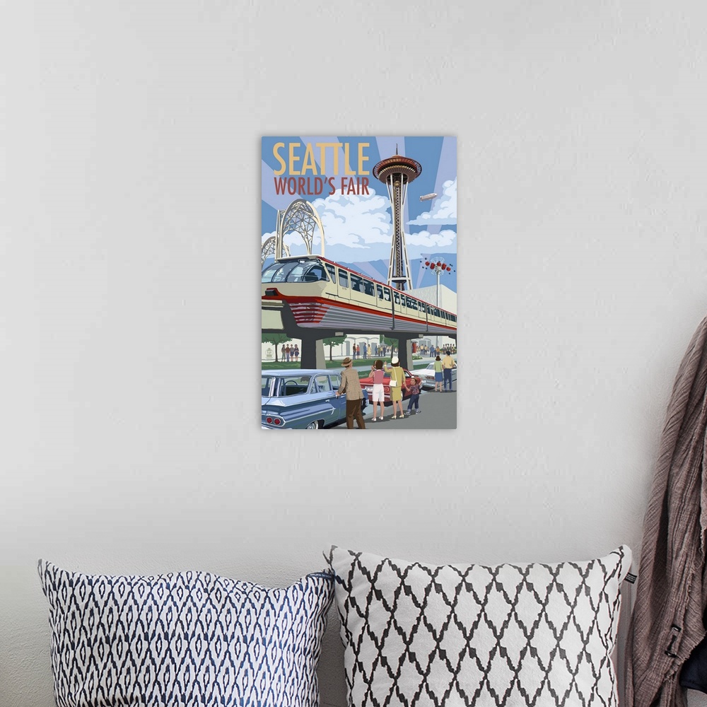 A bohemian room featuring Space Needle Opening Day Scene - Seattle, WA: Retro Travel Poster