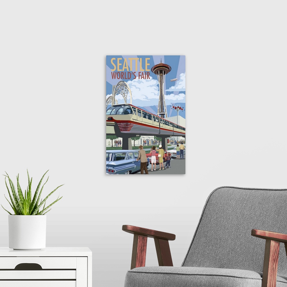 A modern room featuring Space Needle Opening Day Scene - Seattle, WA: Retro Travel Poster