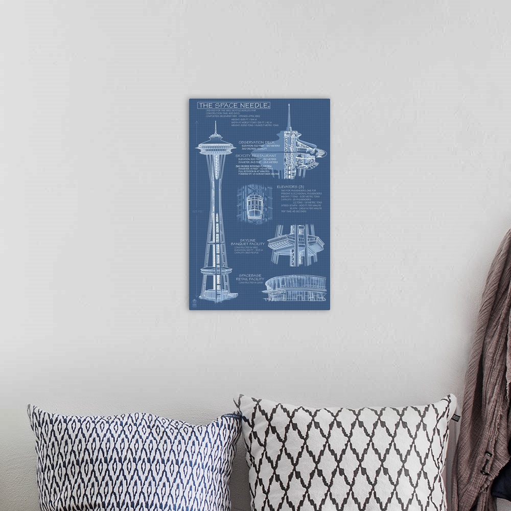 A bohemian room featuring Space Needle Technical Drawing (Blueprint): Retro Travel Poster