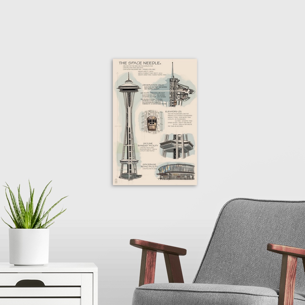 A modern room featuring Space Needle Technical Drawing (Naturals): Retro Travel Poster