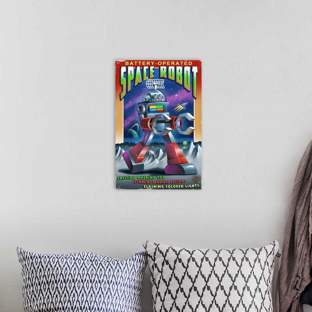 A bohemian room featuring Space Robot: Retro Art Poster