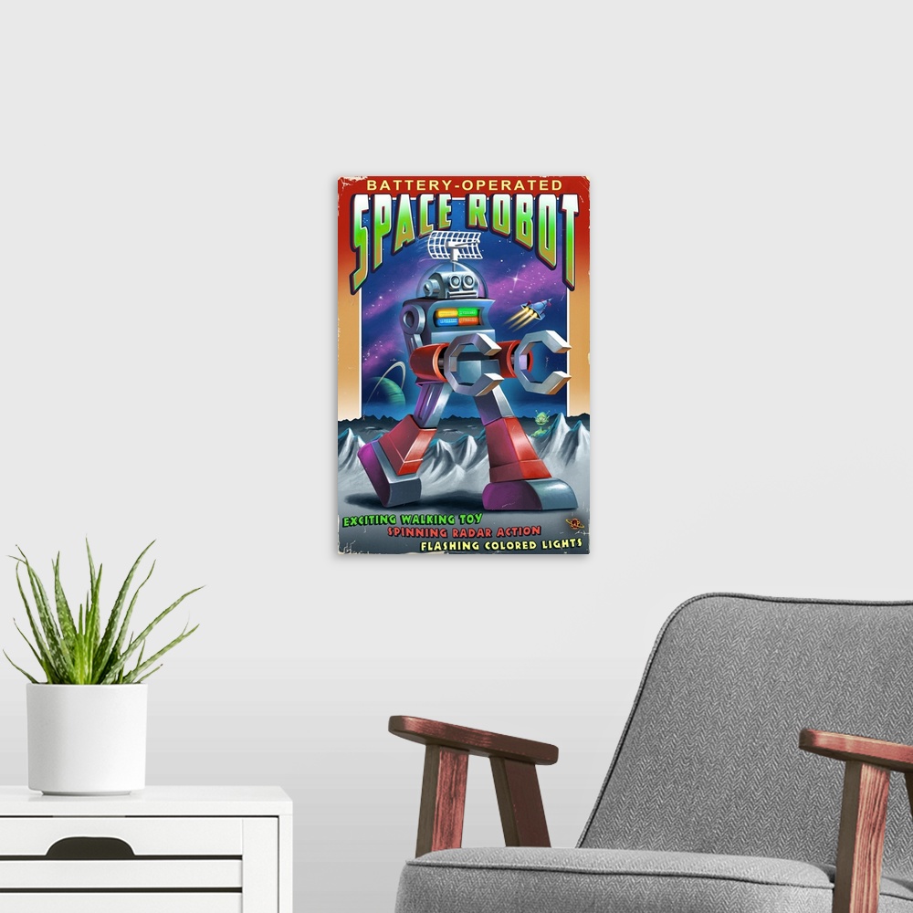 A modern room featuring Space Robot: Retro Art Poster