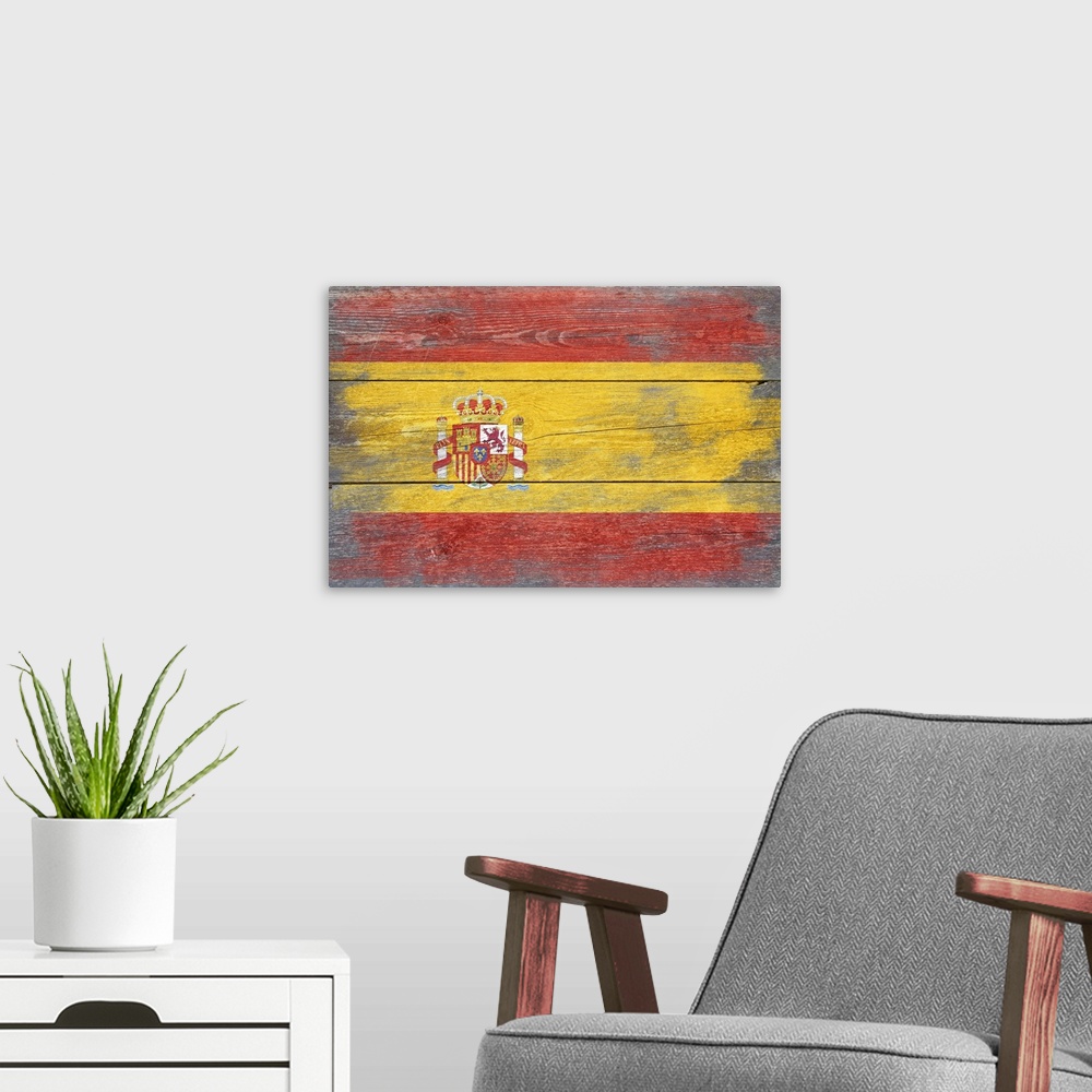 A modern room featuring The flag of Spain with a weathered wooden board effect.