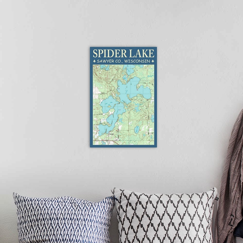 A bohemian room featuring Spider Lake Chart - Sawyer County, Wisconsin: Retro Travel Poster