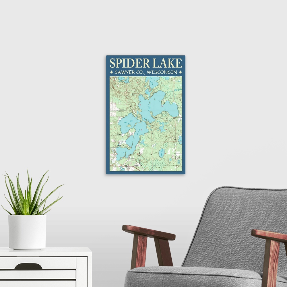 A modern room featuring Spider Lake Chart - Sawyer County, Wisconsin: Retro Travel Poster