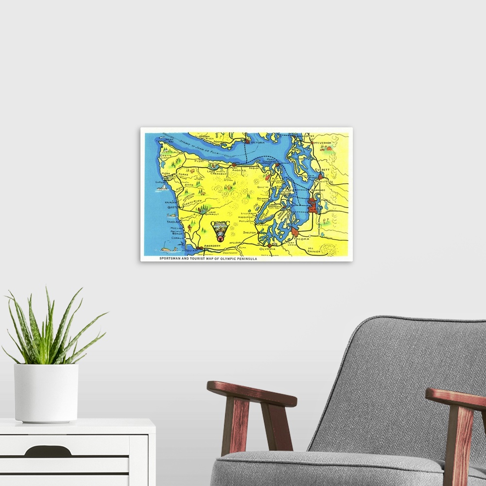 A modern room featuring Sportsman and Tourist Map, Olympic Peninsula, Olympic National Park