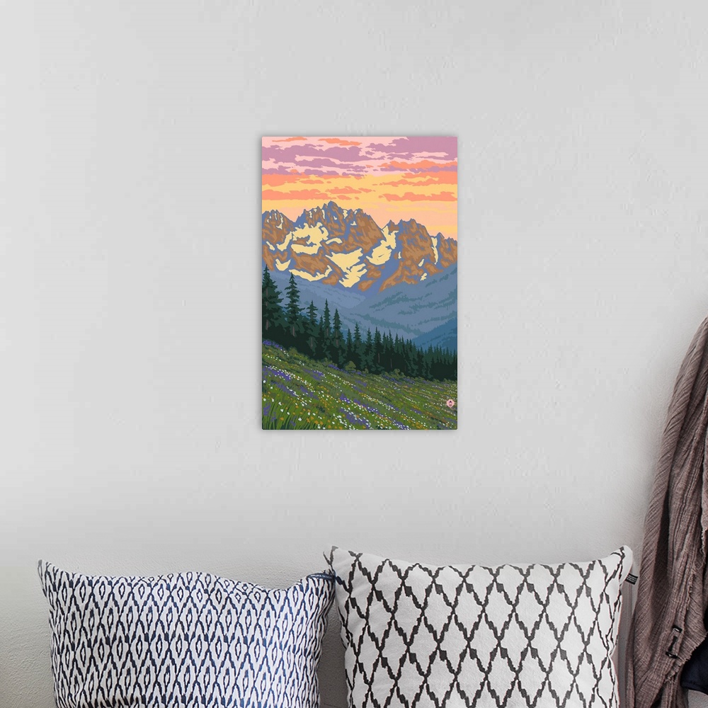 A bohemian room featuring Retro stylized art poster of a mountain range with spring flowers in the foreground.