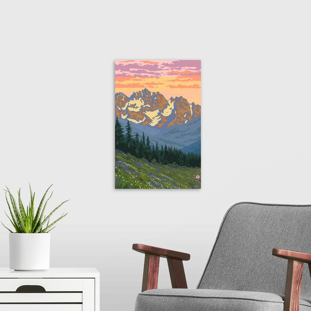 A modern room featuring Retro stylized art poster of a mountain range with spring flowers in the foreground.