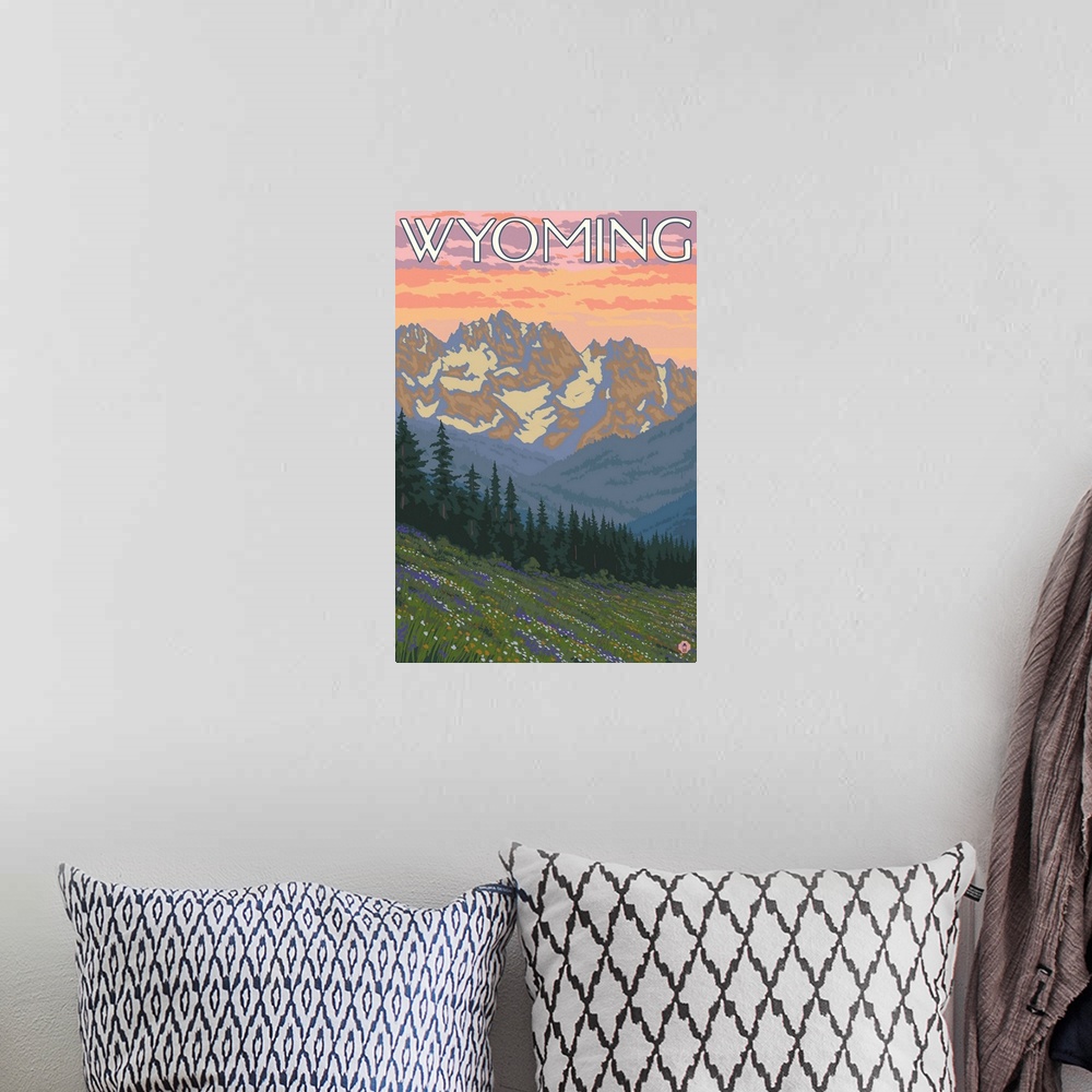 A bohemian room featuring Spring Flowers - Wyoming: Retro Travel Poster