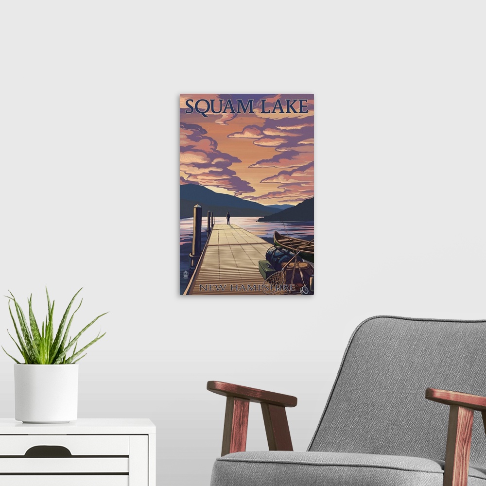 A modern room featuring Squam Lake, New Hampshire - Dock and Sunset: Retro Travel Poster
