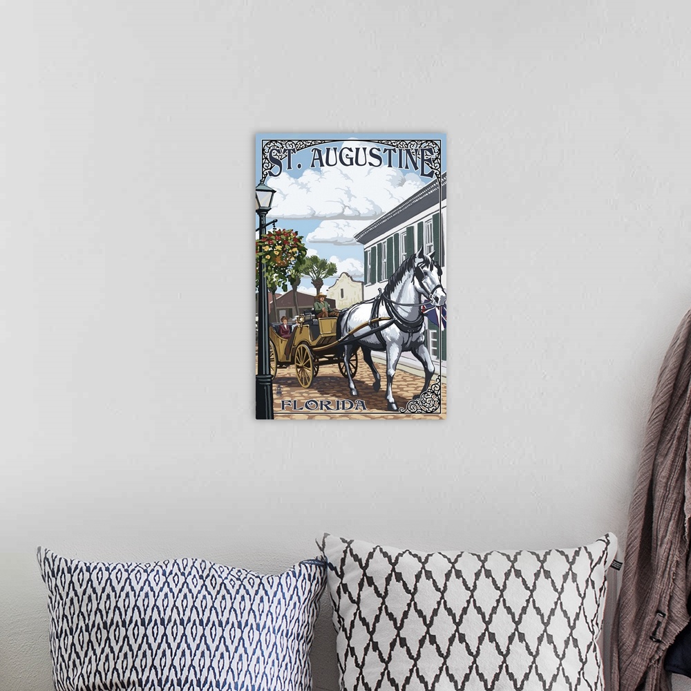 A bohemian room featuring Retro stylized art poster of a white horse horse pulling a carriage.