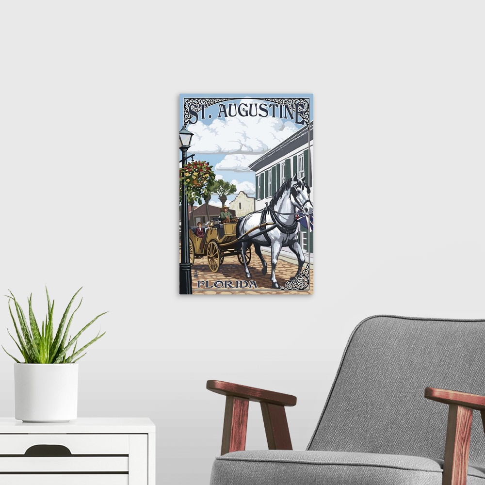 A modern room featuring Retro stylized art poster of a white horse horse pulling a carriage.