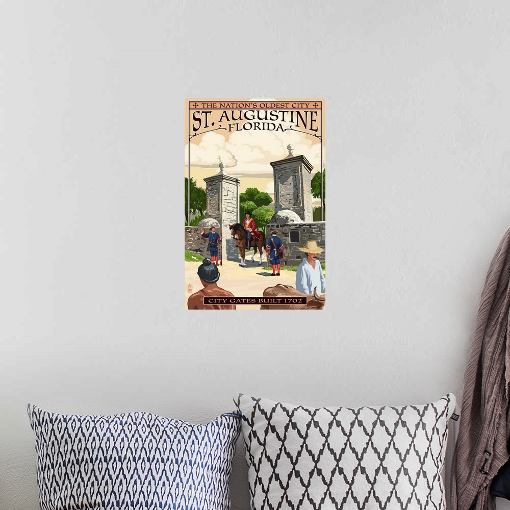 A bohemian room featuring Retro stylized art poster of an officer on horseback standing between two massive stone pillars a...