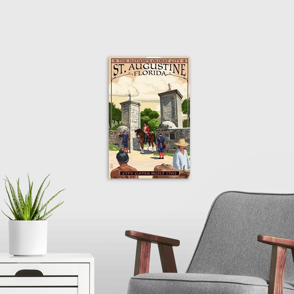 A modern room featuring Retro stylized art poster of an officer on horseback standing between two massive stone pillars a...
