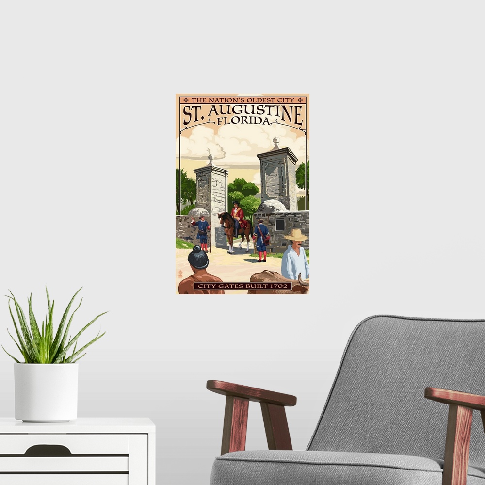 A modern room featuring Retro stylized art poster of an officer on horseback standing between two massive stone pillars a...