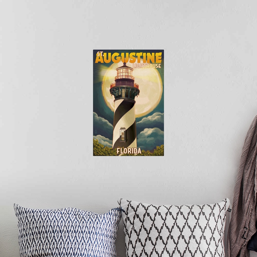 A bohemian room featuring St. Augustine, Florida - Lighthouse and Moon: Retro Travel Poster