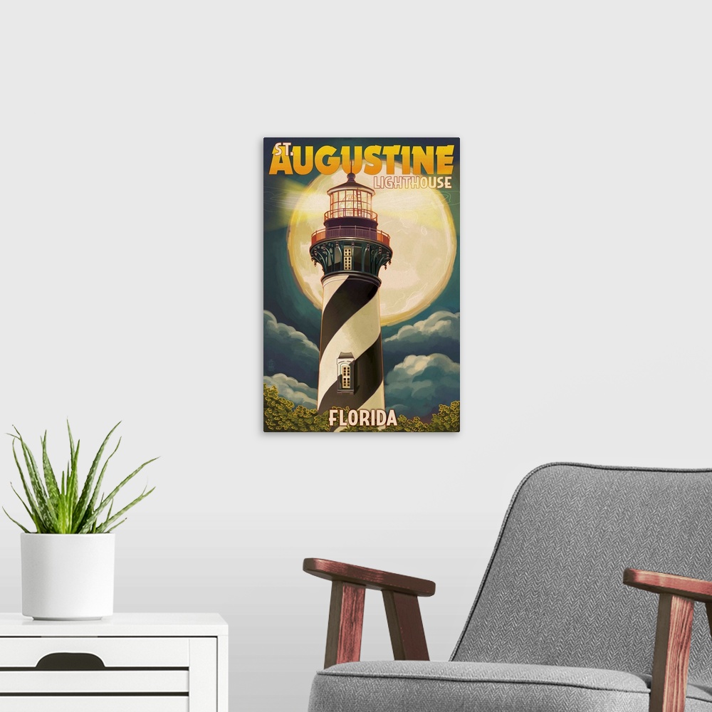 A modern room featuring St. Augustine, Florida - Lighthouse and Moon: Retro Travel Poster